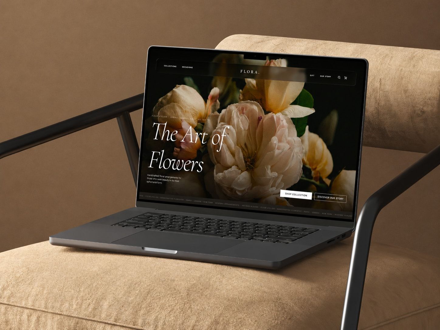 Fleur Atelier homepage shown on a laptop, with cream roses and editorial typography