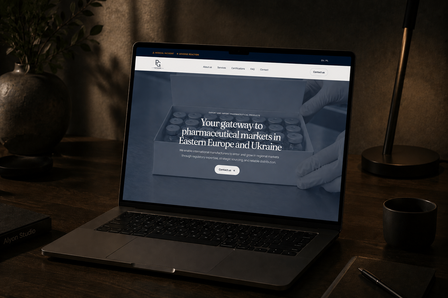 PUBE GLOBAL pharmaceutical export and import site shown on desktop and mobile.