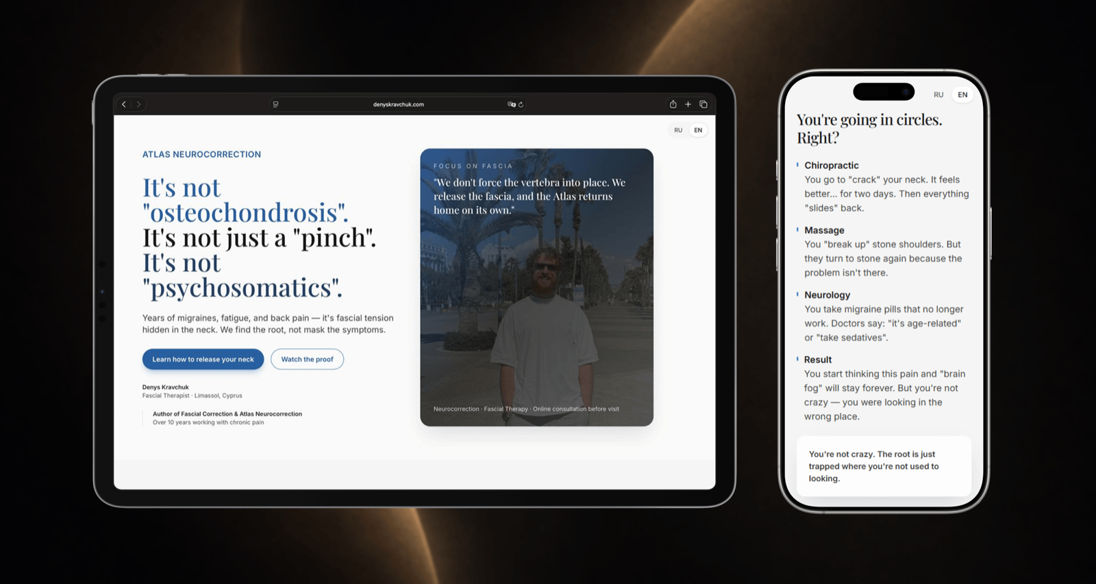 Fascial therapy landing page presented on a laptop in a dark studio.