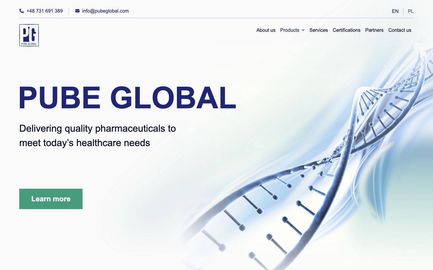 PUBE GLOBAL's previous website, a dated single-column pharma homepage.